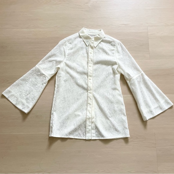 J KOO designer lace bell sleeve button up shirt blouse xs - Picture 2 of 8